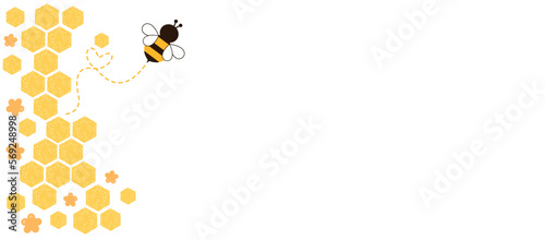 Honeycomb beehive with hexagon grid cells, cute flower and bee cartoon logo on white background vector illustration.