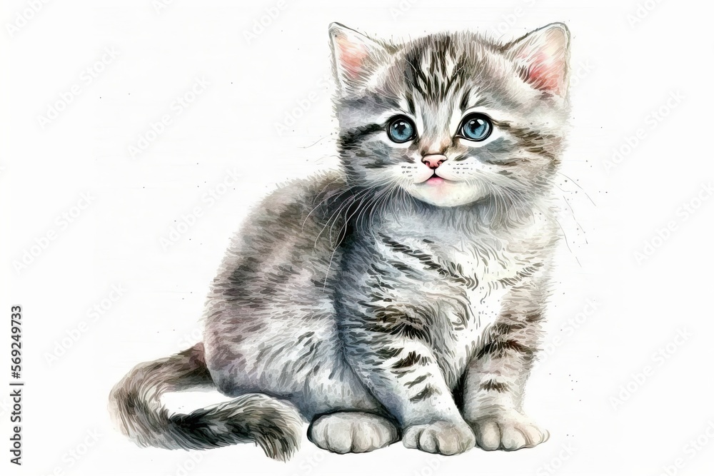 American Shorthair Kitten, Isolated, Watercolor Illustration  