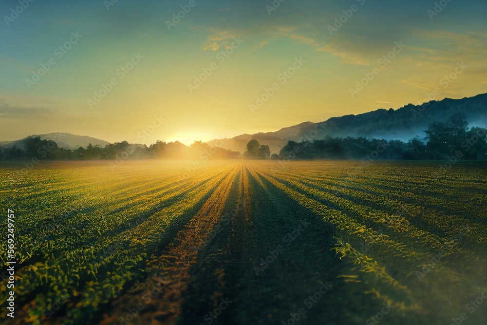 Irrigation system on agricultural soybean field, rain gun sprinkler on helps to grow plants in the dry season, increases crop yields. Landscape beautiful sunset. Generative AI - obrazy, fototapety, plakaty 