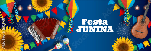 "festa junina" banner with colorful pennants, balloons, sunflowers, accordion, guitar and maracas. june brazilian festival banner