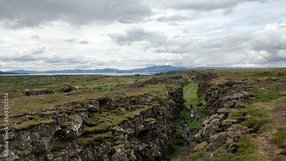 Top view of the geological fault and Thingvallavatn lake in the background at Thingvellir National Park, Iceland