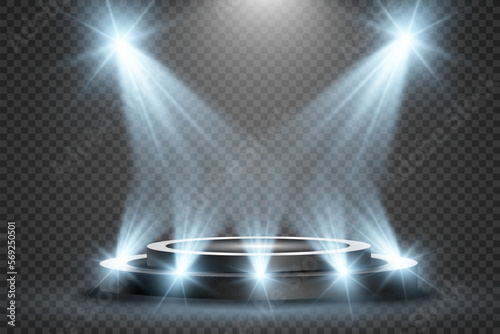 Podium, pedestal or platform, illuminated by spotlights in the background. Vector illustration. Bright light. Light from above. Advertising place