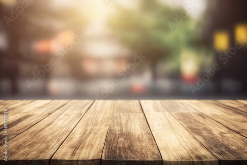 Wooden board empty table in front of blurred background. Perspective brown wood blur in coffee shop - can be used for display or montage your products Mock up for display of product, generative ai