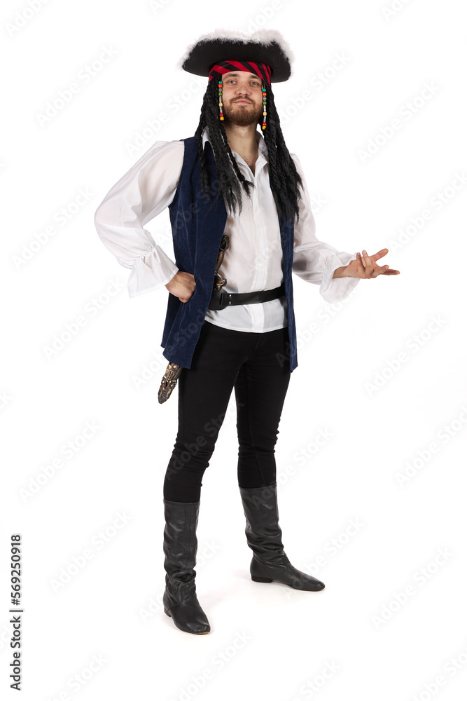 A pirate in a suit is standing. Male figure isolated on white background. A pirate in a suit is standing. Male figure isolated on white background.