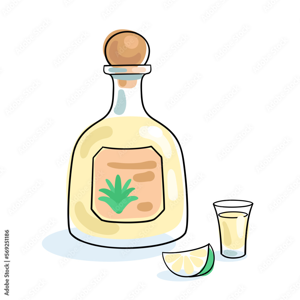 Tequila bottle and shot glass. Picture in line style. Black contour
