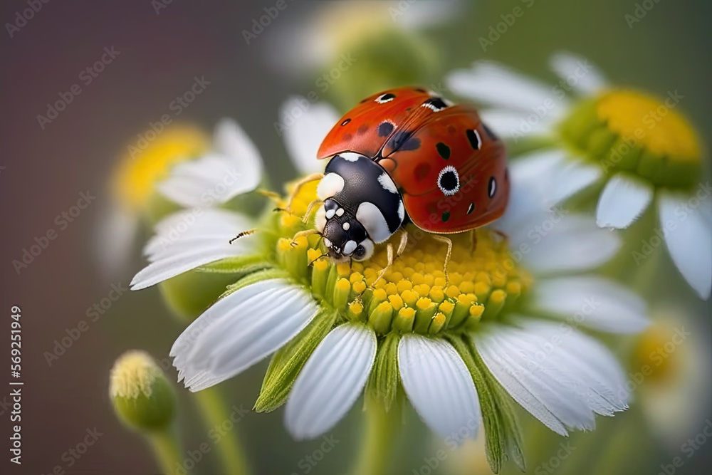 a ladybug sits on a chamomile flower. Generative AI a ladybug sits on a chamomile flower. Generative AI