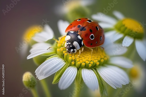 a ladybug sits on a chamomile flower. Generative AI