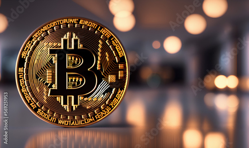 Gold symbol bitcoin coin on blurry background with lights and mockup copy space template. Generative AI