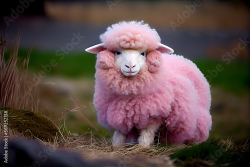 Cute fluffy pink sheep, generative AI photo