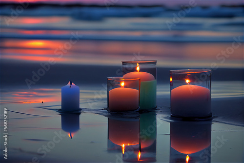 Candles shining on the beach at sunset, generative AI