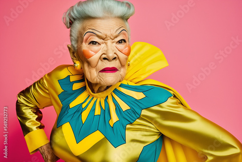 Generative ai strong and confident superhero asiatic grandma.