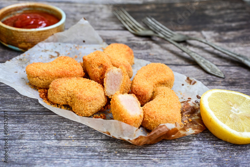 
 Crispy oven baked  chicken nuggets and ketchup. Breaded chicken fillets  with chilly peppers and fresh basi on wooden rustic background