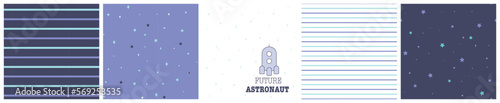 Future astronaut seamless pattern set with spaceship clipart, text and cosmic backgrounds. Lilac and navy vector design for baby boy apparel or nursery decor.