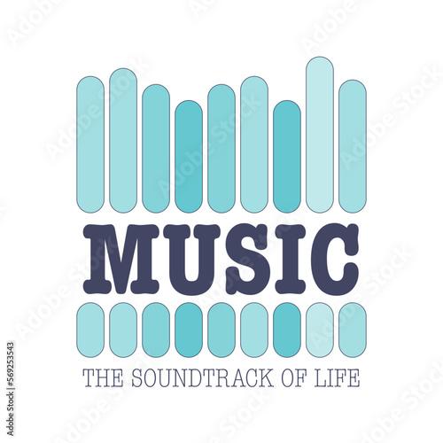 Music, the soundtrack of life typography  quote vector design for t-shirt print. Minimal audio waveform geometric graphic in mint blue and dark greyish navy colors.