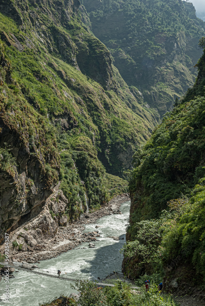 View of Marshyangdi river on the approach to Tal village from Khorte settlement, Around Annapurna trek, Lamjung district, Gandaki zone, Nepal Himalayas, Nepal