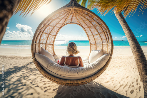 Photographie a woman relaxes and enjoys the sun on vacation at the beach in a wicker hammock