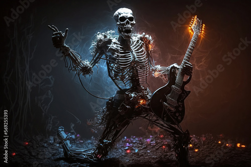 Skeleton plays rock guitar, heavy metal, power rock. Generative Ai © Oleksii Frolov