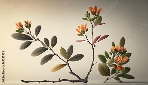  a branch with orange and green leaves on a white surface with a light gray back ground and a light gray back ground with a white wall in the background.  generative ai