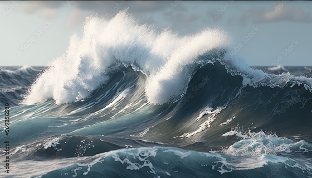 a painting of a large wave in the ocean with white foamy waves on the