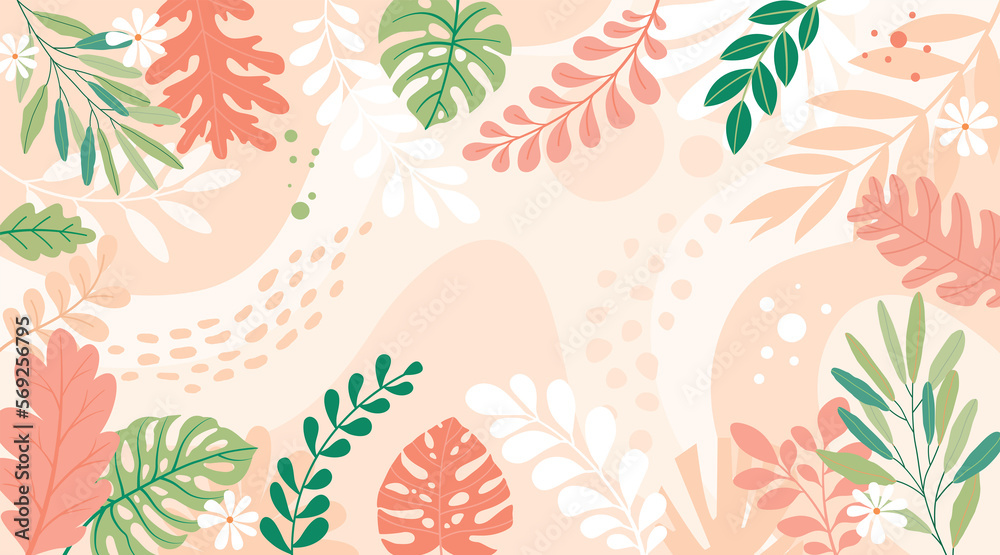 Colorful poster background vector illustration.Exotic plants, branches,art print for beauty, fashion and natural products,wellness, wedding and event.