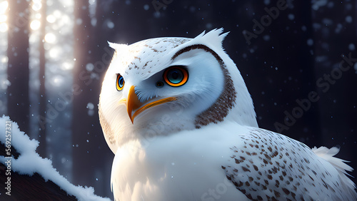 Close up illustration of a white owl in the snow