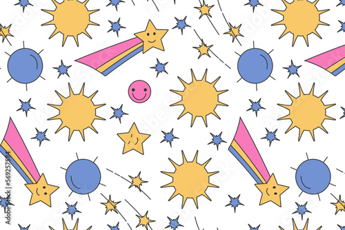 Seamless pattern in Groove style, retro 70s, 60s. Sun, stars and satellite on a white background. Vector illustration