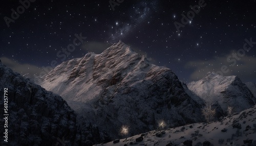  a night scene of a snowy mountain with stars in the sky and the moon in the sky above the mountain range, with a few lights on the snow covered ground. generative ai