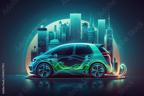 concept of an electric car. eco, environment. Generative AI © jr-art