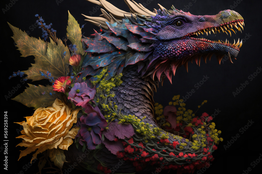 Flower Dragon - Mythology creature - fantasy illustration - wyvern - Generative AI