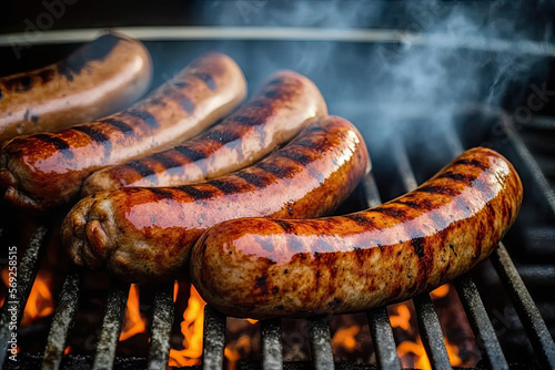 five grilled sausages on the grill. closeup. Generative AI