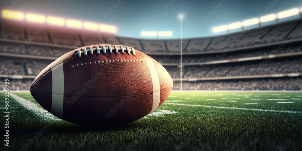 Close-up of American Football or Super Bowl Game on Grass Field with Blurry Stadium in Background. Generative AI