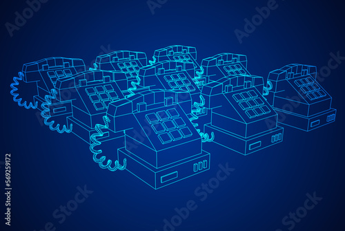 Old retro landline telephone. Wireframe vector