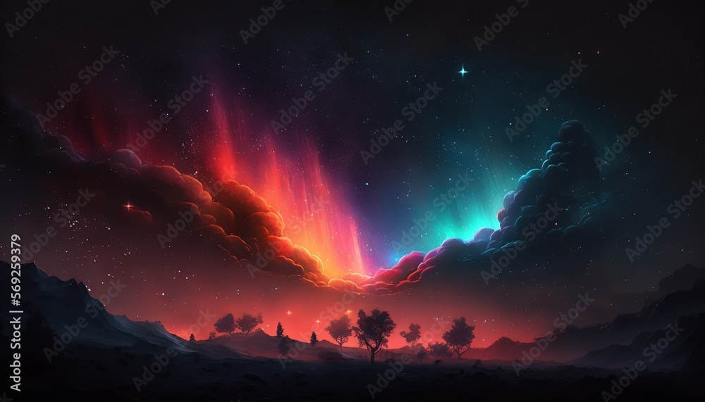  a painting of a colorful sky with clouds and trees in the foreground and stars in the sky in the background, with a red and blue hue.  generative ai