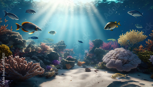  an underwater scene of a coral reef with fish and corals and sunbeams in the background with sunlight streaming through the ocean floor.  generative ai © Shanti