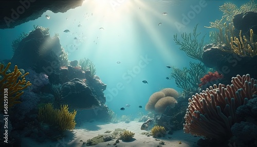  an underwater scene of a coral reef with fish and corals and sunbeams in the background, with sunlight streaming through the water. generative ai