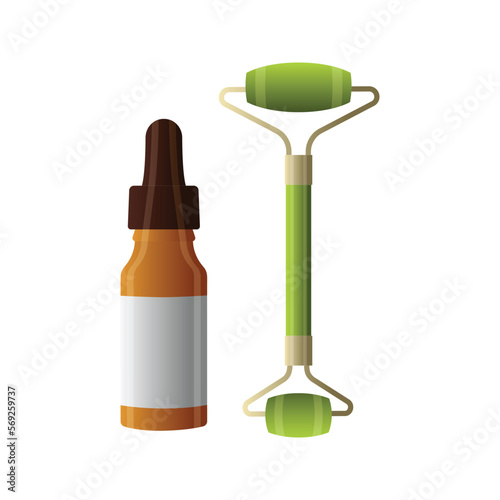 Serum in a glass bottle and jade roller. Colorful cosmetic set.