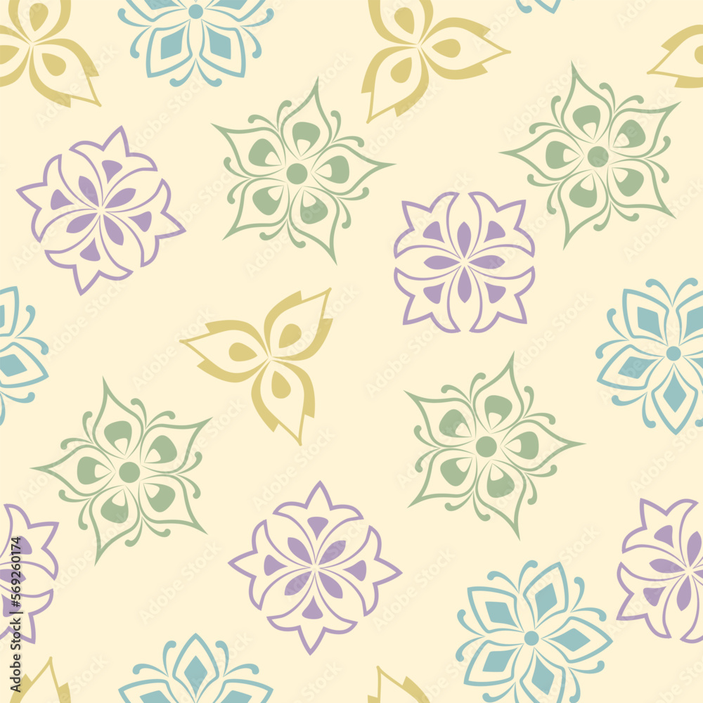 Floral seamless oriental pattern. Line art blooming flowers in flat style. Trendy outline symbols. Decorative design element for printing or interior.