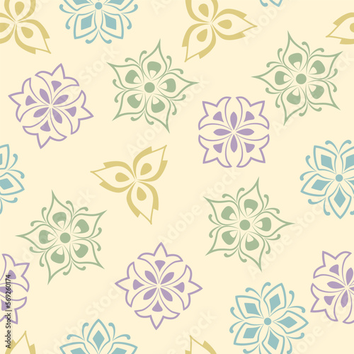 Floral seamless oriental pattern. Line art blooming flowers in flat style. Trendy outline symbols. Decorative design element for printing or interior.