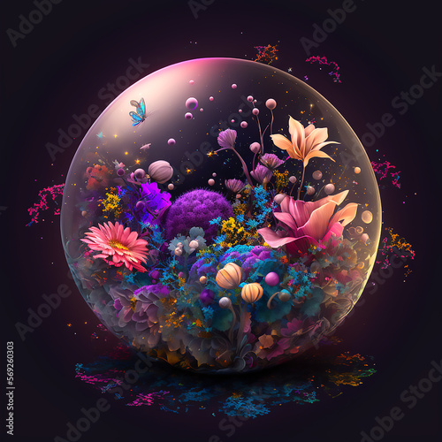 Sphere with delicate and colorful flowers background. Generative AI. © Itamara