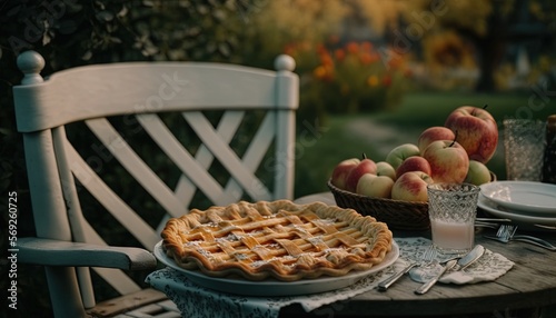  a table topped with a pie next to a bowl of apples and a glass of milk on top of a wooden table next to a white chair.  generative ai
