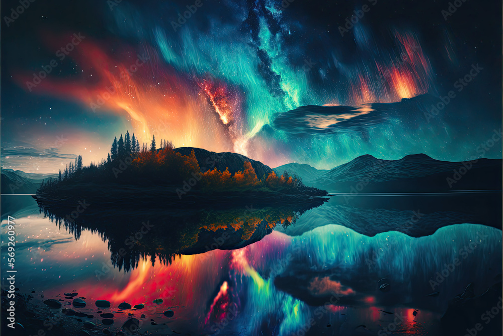 landscape with a lake and northern lights. Generative AI