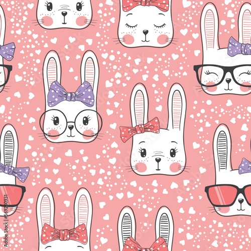 Seamless pattern with cute rabbit baby girls