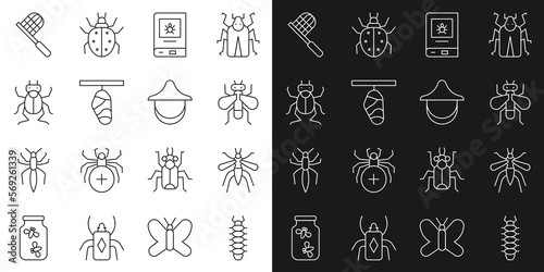 Set line Centipede, Mosquito, Insect fly, Book about insect, Butterfly cocoon, Beetle bug, net and Beekeeper hat icon. Vector