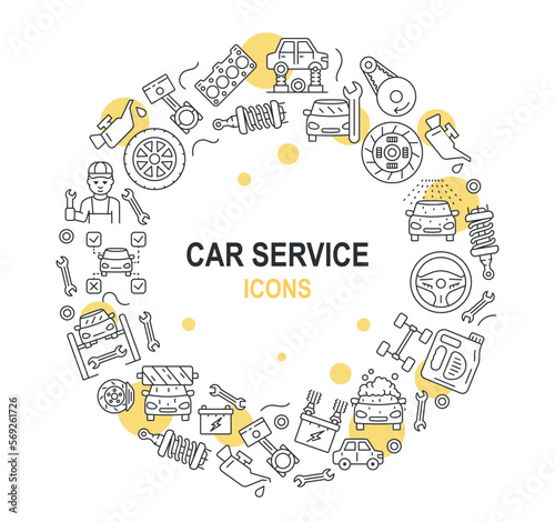 Car service poster. Collection of automobileparts. Transmission and brake, engine. Vehicle modernization and tuning. Advertising banner for car repair shop website. Cartoon flat vector illustration