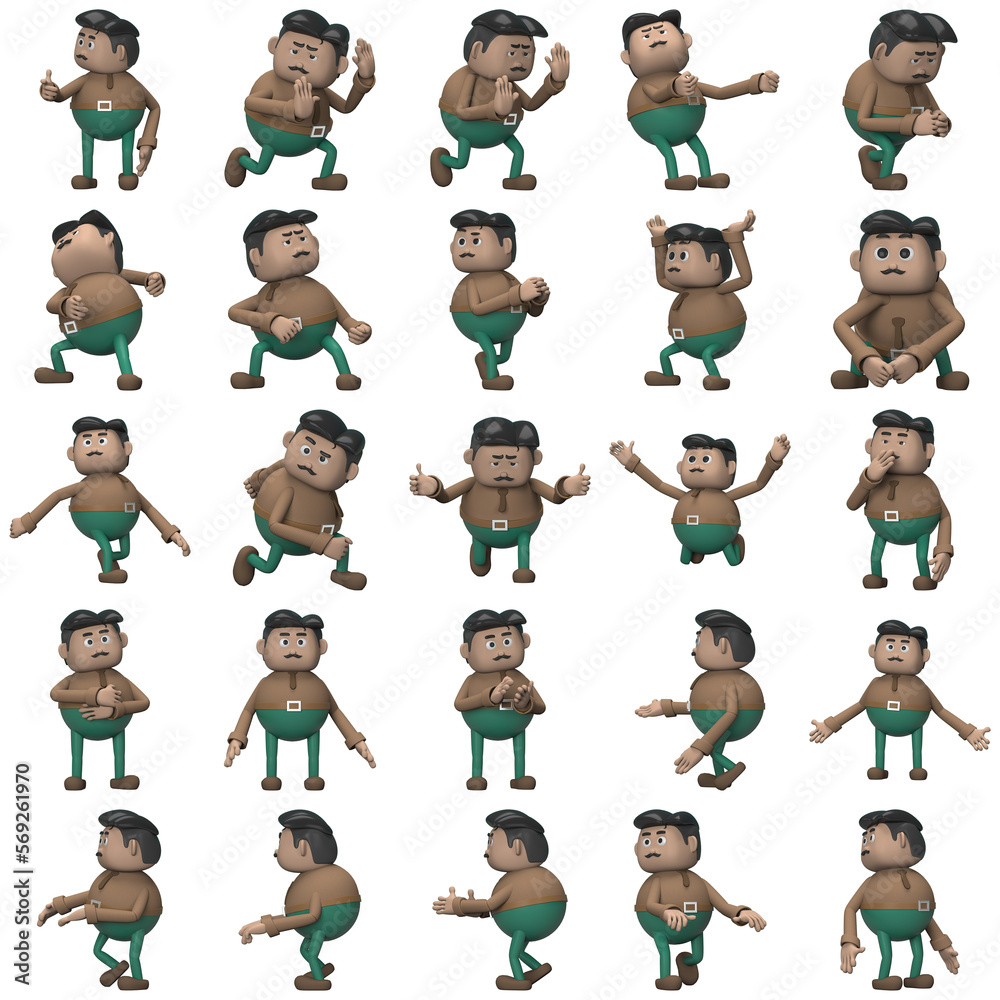 Obraz premium The man with mustache wearing a brown long shirt green pants is expression of body or doing exercise. 3d rendering of cartoon character in acting.