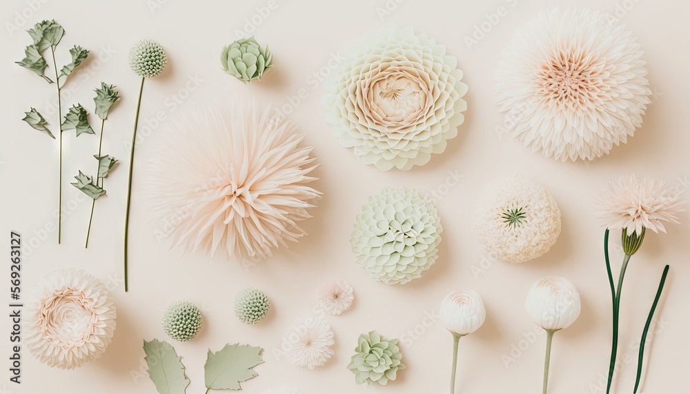 a bunch of flowers that are sitting on a table with a pink background and a green one in the middle of the picture and the flowers on the left side of the picture. generative ai a bunch of flowers that are sitting on a table with a pink background and a green one in the middle of the picture and the flowers on the left side of the picture. generative ai