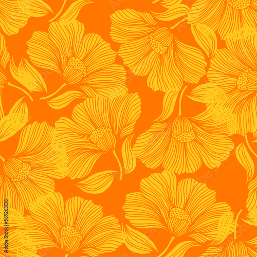 Fototapeta Naklejka Na Ścianę i Meble -  Abstract flower line seamless pattern. Delicate floral vintage outline endless background. Retro style.