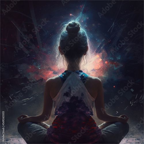 Back view of girl sitting in yoga pose, Generative ai