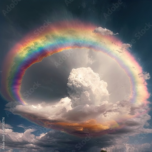  a rainbow appears to be in the sky above a field of grass and a tree in the foreground with a cloudy sky in the background.  generative ai © Shanti