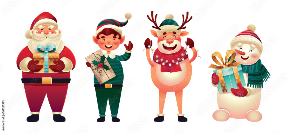 Christmas card person set. Collection of stickers for social networks. Elf, deer, snowman and santa claus waving affably, New Year. Cartoon flat vector illustrations isolated on white background